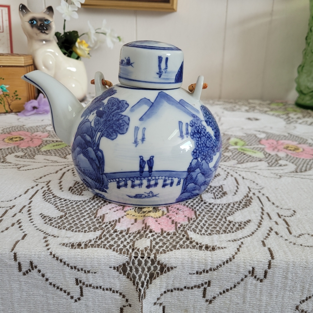 Vintage Blue and White Tea Pot with bamboo Handle Asian Theme
